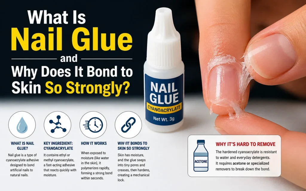 what is nail glue and why does it bond to skin so strongly